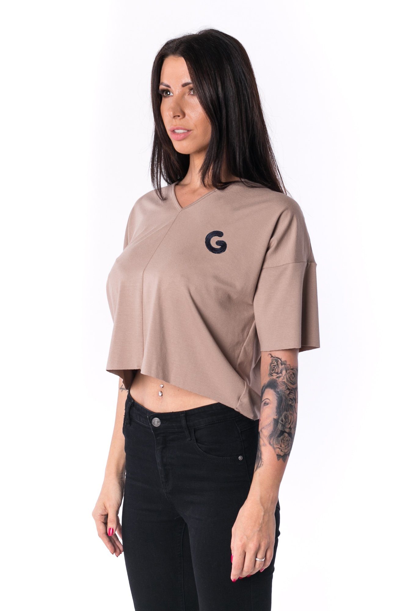 TheG Woman Paneled Oversize Crop Tričko s výstřihem do V 17 // mocca